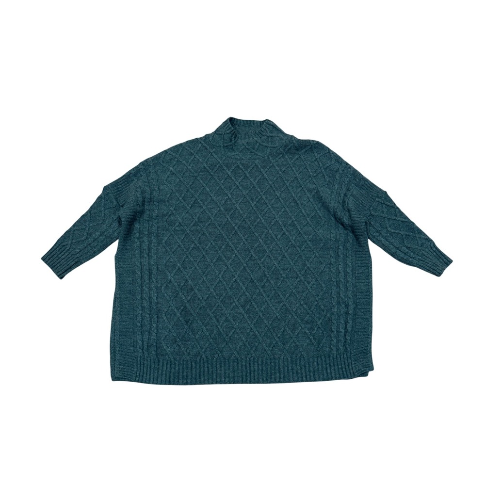 MerSea Lisbon Traveler Sweater Green Cable Knit Boxy Side Slit Oversized OS